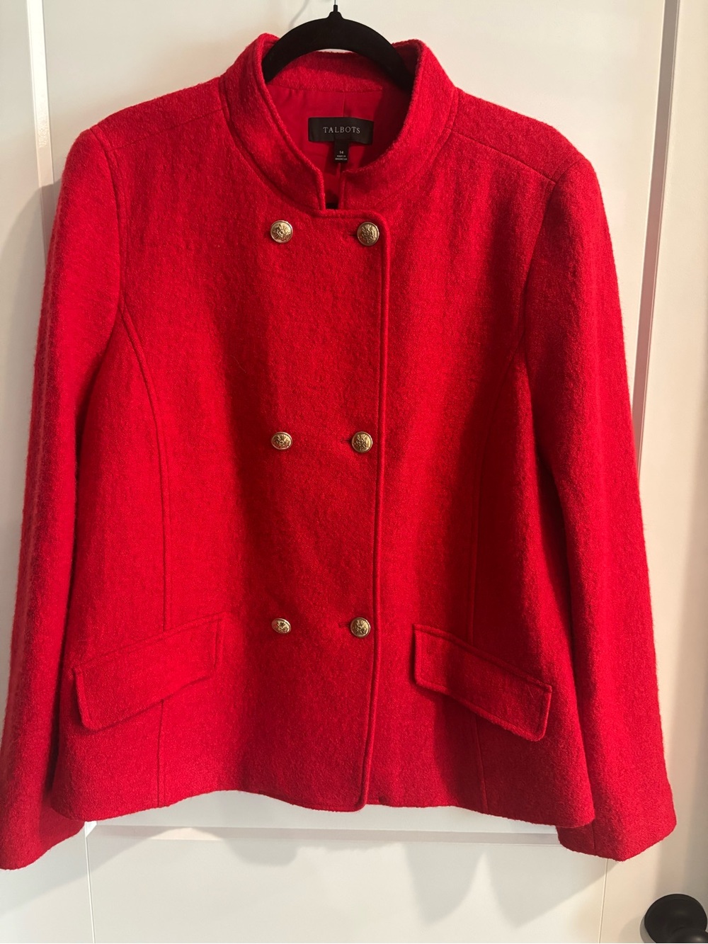 NEW TALBOTS RED DOUBLE BREASTED BOILED WOOL COAT/ BLAZER STAND COLLAR. SZ 14